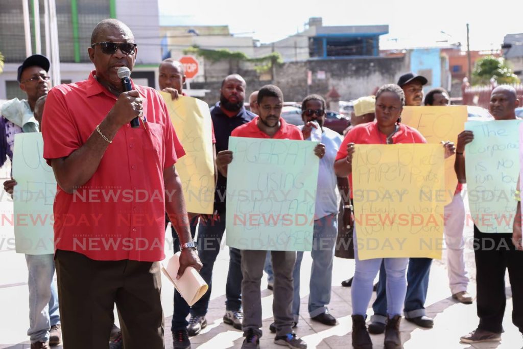 File photo of the President of the Amalgamated Workers Union, Michael Prentice, leads workers of the Port of Spain City Corporation in a protest outside City Hall in Port of Spain. - Jeff Mayers