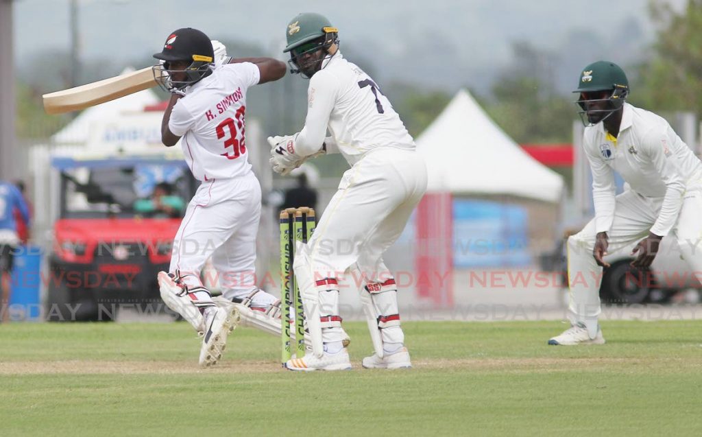 TT Red Force batsman Keagan Simmons plays a shot against the Jamaica Scorpions on the first day of the Cricket West Indies Four-Day Regional Tournament match, held at the Brian Lara Cricket Academy Couva.  - L Holder