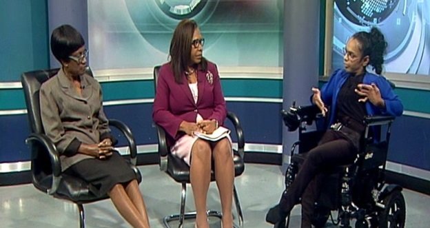 Social Development Ministry Permanent Secretary Jacinta Bailey- Sobers, centre, and director of the Disability Affairs Unit Sharon Rogers, left, with Shamla Maharaj. - Ministry of Social Development