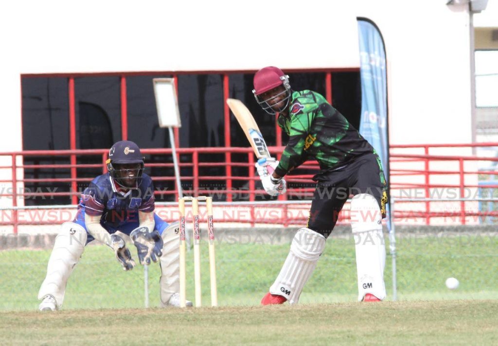Teshawn Castro, of Marchin Patriots International, plays a shot in his team's match against UWI Cricket Club in the UWi-UNICOM T20 match, at the Frank Worrell Field, UWI St. Augustine on Thursday afternoon. - Angelo Marcelle