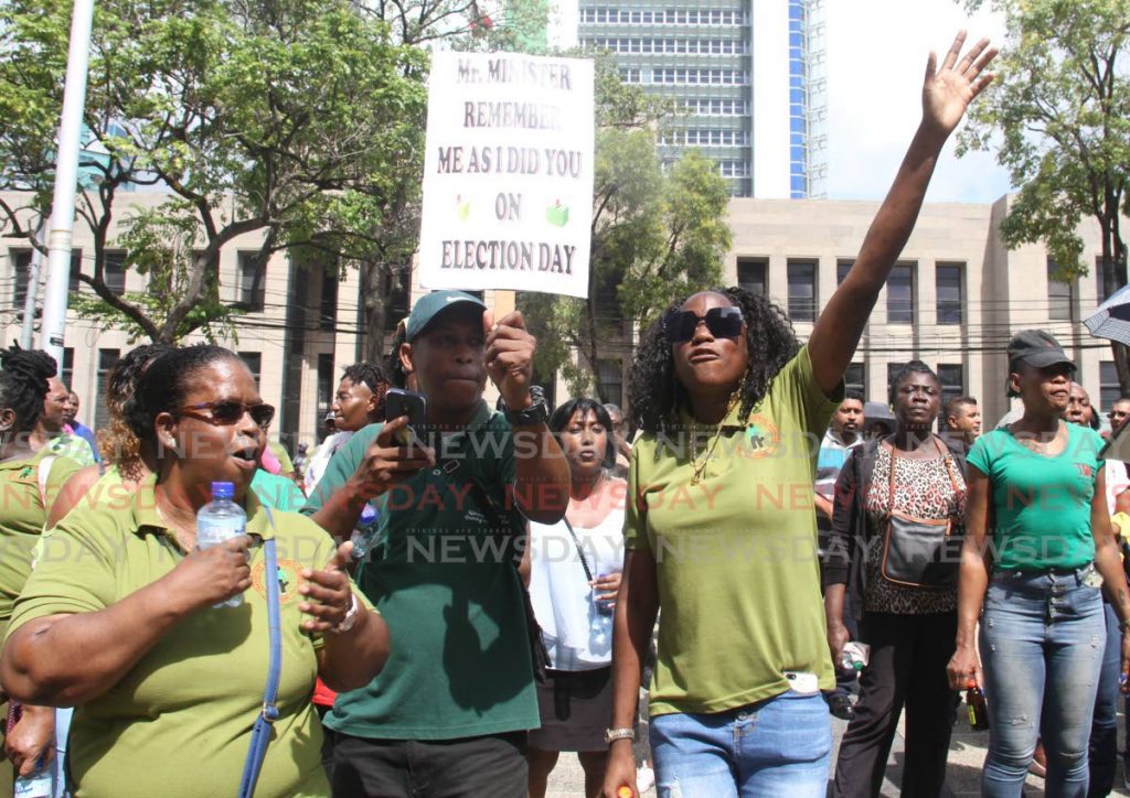 PTSC and MTS workers protest outside Central Bank in Port of Spain in 2020 - Ayanna Kinsale