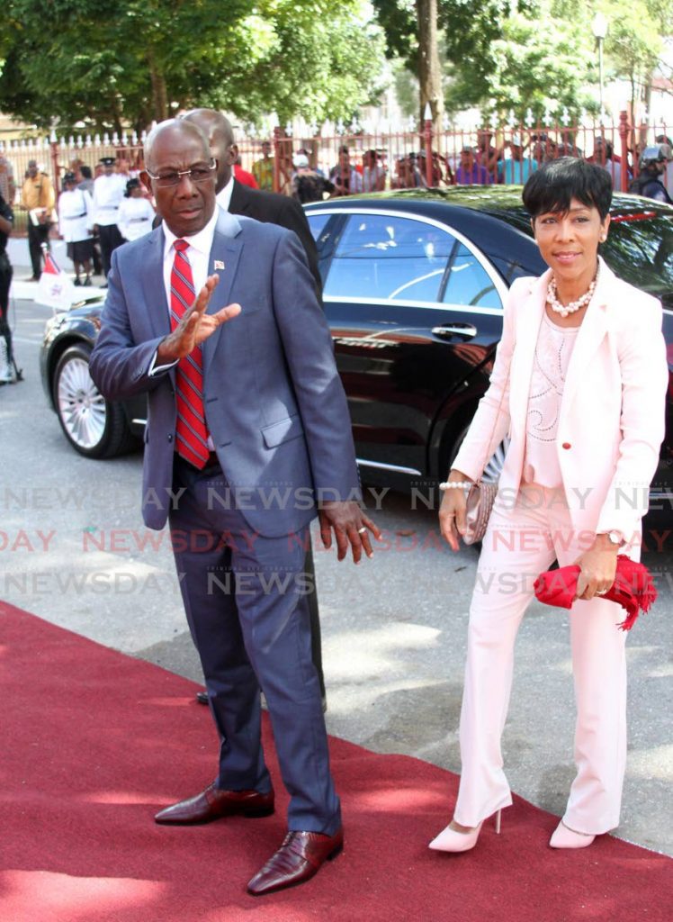Prime Minister Dr Keith Rowley and his wife Sharon arrive at the Red House for its re-opening ceremony.   - File photo by Angelo Marcelle