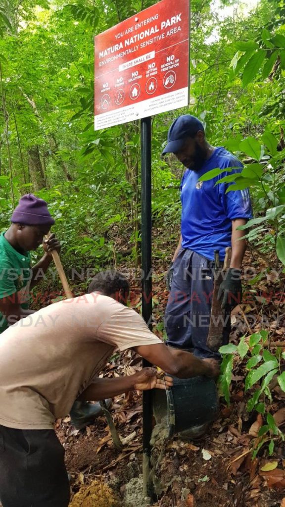 Grande Riviere Reforestation Group members aid Forestry Division staff with sign installation at Homard Trace, on the north western boundary of the Matura National Park. - 