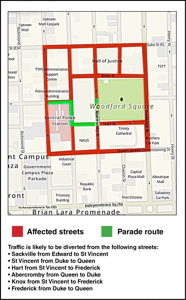 This map shows the planned parade route and other restricted streets for the ceremonial opening of Parliament at the Red House on Abercromby Street, Port of Spain, on Friday. - DENNIS ALLEN