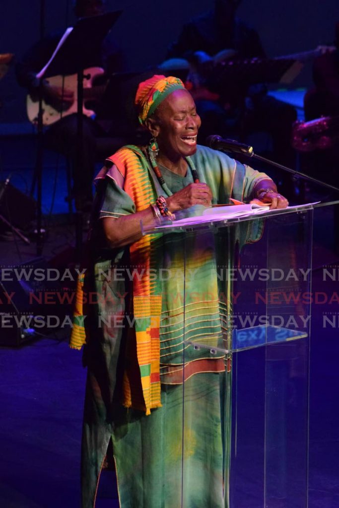 Eintou Springer recites a poem at the National Women’s Action Committee’s National Calypso Queen competition, Queen’s Hall, St Ann’s on February 2. Springer says the work of her mentor Barbadian Kamau Brathwaite, who died on February 4 at 89, must be taught in schools once more.  - Vidya Thurab