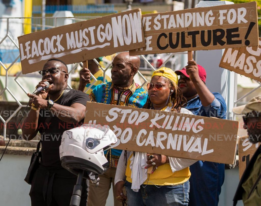 TUCO Tobago president Ainsley King, left, leads a protest against the Tobago Festivals Commission for inadequate funding for Carnival 2020. - DAVID REID