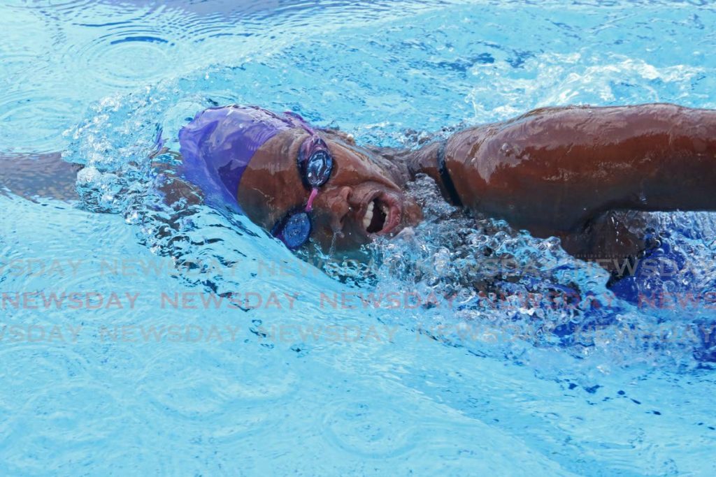 Cherelle Thompson shows off her strokes during a training session at the National Aquatic Centre, Couva on Thursday. - Marvin Hamilton