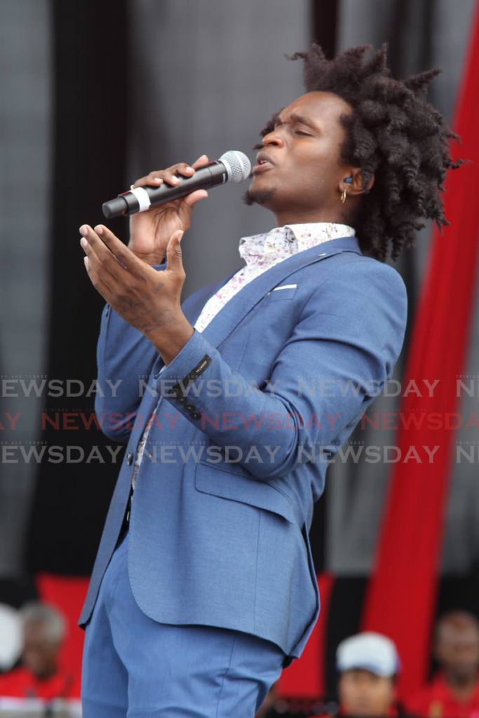 Helon Francis sings Feel like we at Calypso Fiesta, the Calypso Monarch semi-final at Guaracara Park, Pointe-a-Pierre on Saturday. - Lincoln Holder