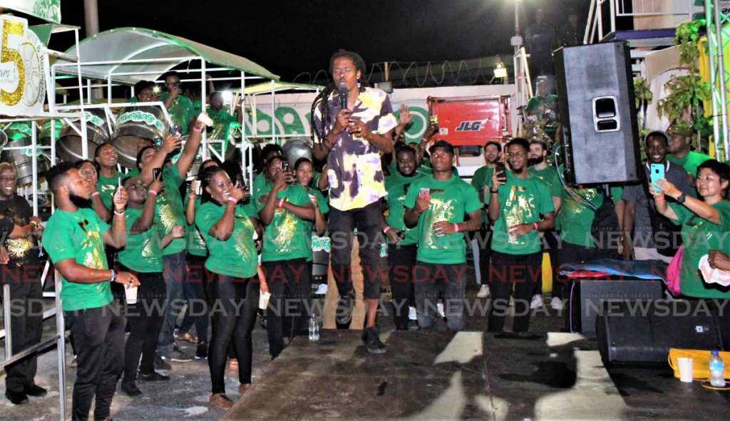  Skinny Banton (Shirlan George) sings his hit Wrong Again for BPTT Renegades players during a lime at the band's panyard on Charlotte Street, Port of Spain. Wrong Again is Renegades song of choice for 2020 Panorama.   - Gary Cardinez