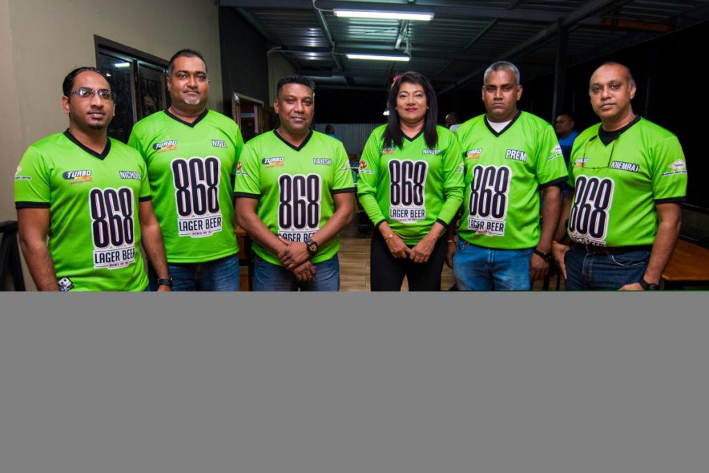 Secretary of the Barmans League and owner of Jerry Junction Bar Nicholas Ramsundar, from left, trustee of the Barmans League Nigel Ali, president of the Barmans League and owner of Tiger Rocks Sports Bar and Lounge Rajesh Ramgobin, representative of Lime 101.7fm Nirupa Maharaj, vice-president of Barmans League Prem Boodram and treasurer of the Barmans League Khemraj Mungroo at the tournament’s launch.  - 