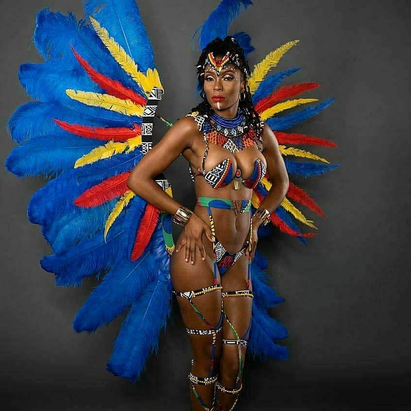 A model shows off the beautiful feathers in the Zulu section of Zain Carnival's 2020 presentation.  - 