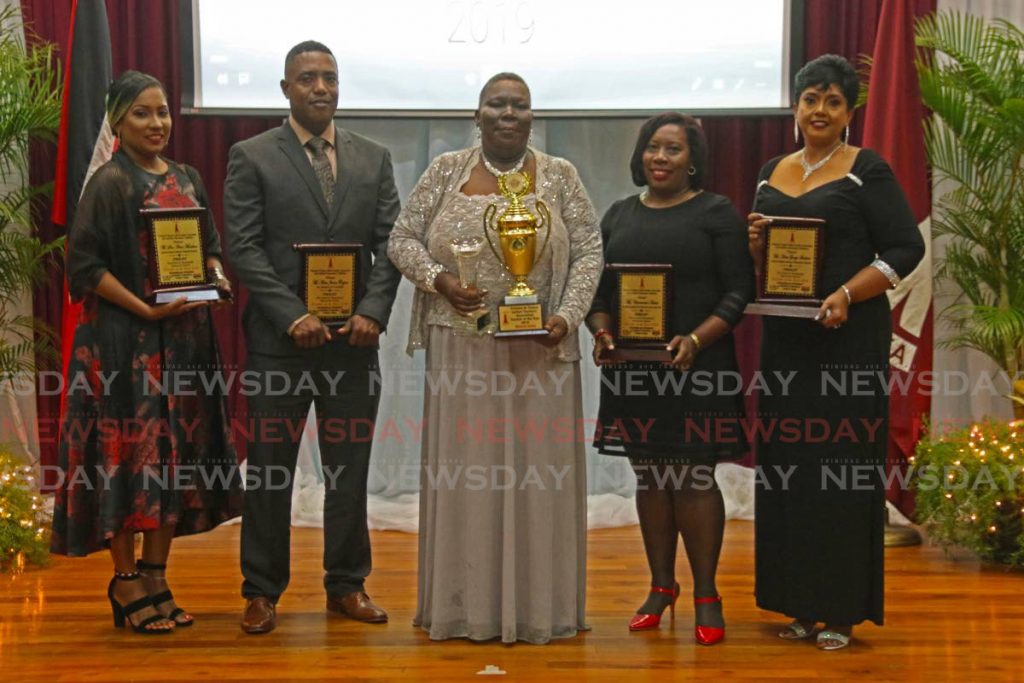 From left: Sue-Anne Marchan (Caparo RC Primary School), Teacher of the year 2020 Rhonda Jones (La Horquetta South Government Primary School) Amin Forgenie (St. Benedict's College), Charmaine Hunte (Cowen Hamilton Secondary) & Anita George-Sudama (Navet Presbyterian Primary School) all presented with awards at the  Frank B. Seepersad Memorial Teacher of the Year Ceremony 2019, at the Chaguanas Regional Coporation Complex, Chaguanas on Thursday night. - Marvin Hamilton