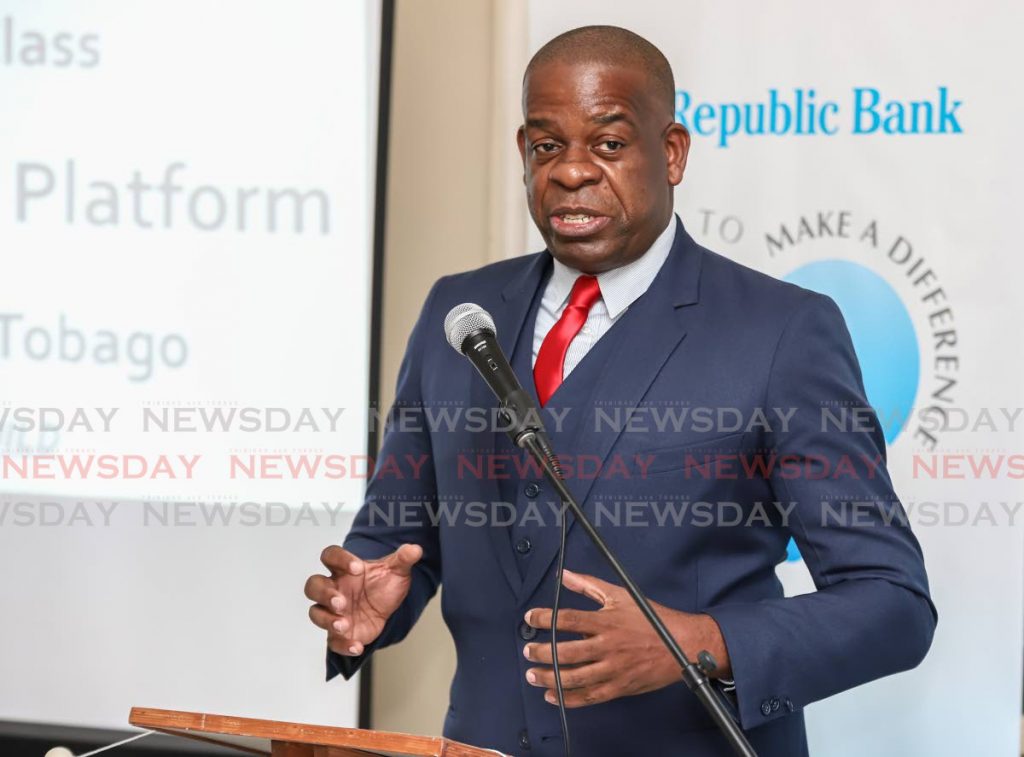 Minister in the Ministry of Education Lovell Francis at the Pennacool/Republic Bank Launch of the VCCE Community Challenge program for primary schools in Carenage Boys Govt Primary, Carenage, on Tuesday. - JEFF K MAYERS