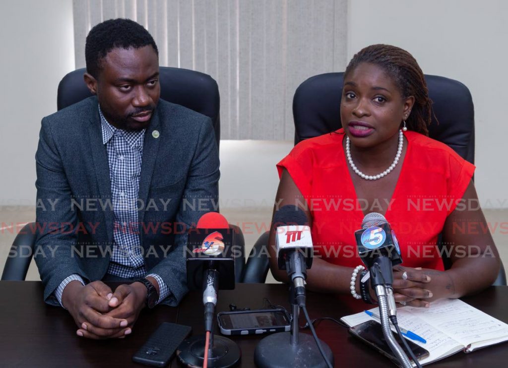 Minority Council members Farley Augustine, left, and Dr Faith BYisrael express concerns about the health sector after the resignation of the Secretary of Health and firing of the Tobago Regional Health Authority CEO on Monday. PHOTO BY DAVID REID  - 