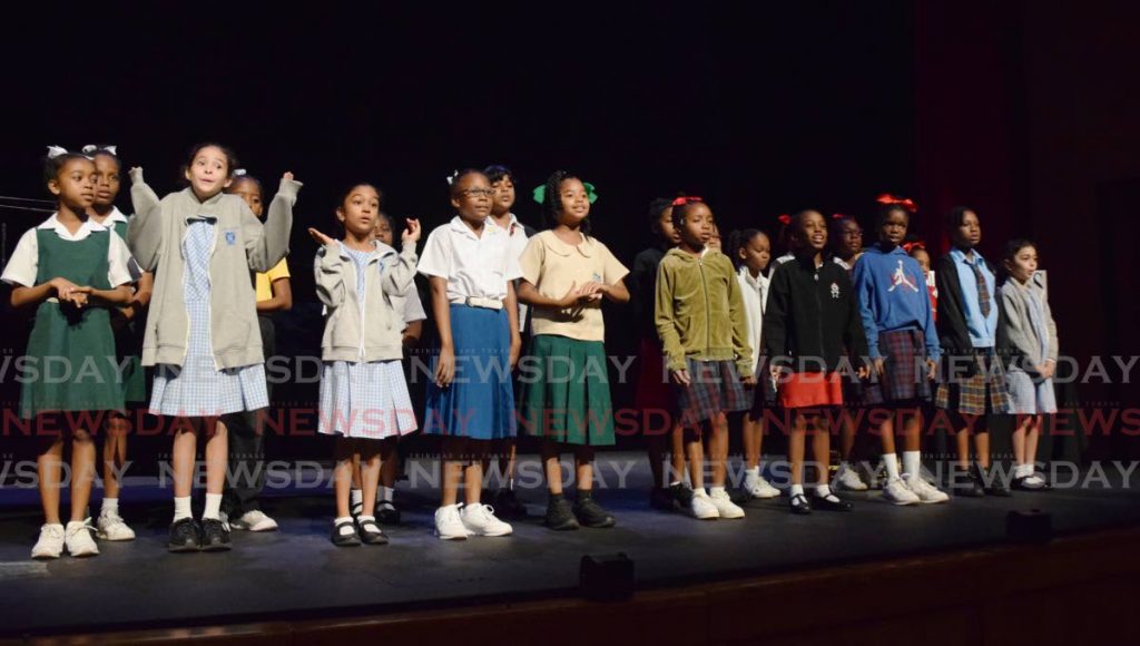 Competitors in the girls’ vocal solo, seven to ten years category, at the semi-final round of the Music festival at Queen’s Hall on Friday.  - Vidya Thurab
