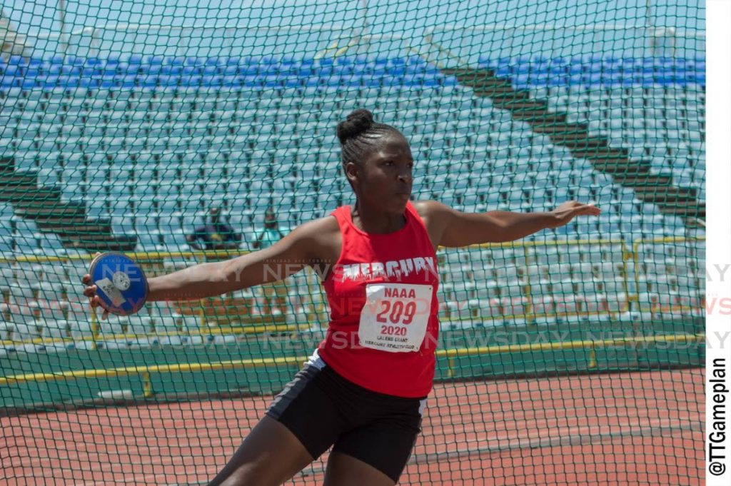 In this March 8 file photo, Lalenii Grant of Mercury throws the discus at the NAAA 2020 Carifta trials at the Hasely Crawford Stadium, Mucurapo. - Dennis Allen