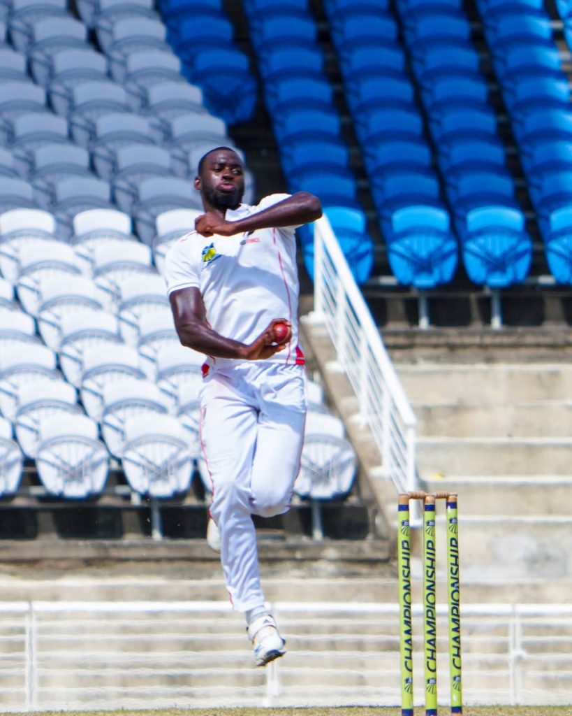 TT Red Force’s Anderson Phillip prepares to deliver a ball during day four of the West Indies Four Day Championship match against the Barbados Pride at Tarouba, San Fernando, on Sunday. Phillip took 1/37 in ten overs in the second innings.  - Daniel Prentice/CA-images