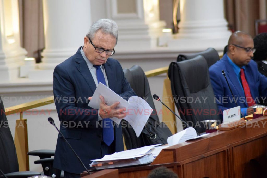 Minister of Finance Colm Imbert pilots the Revenue Authority Bill in the Senate on Tuesday. - Vidya Thurab