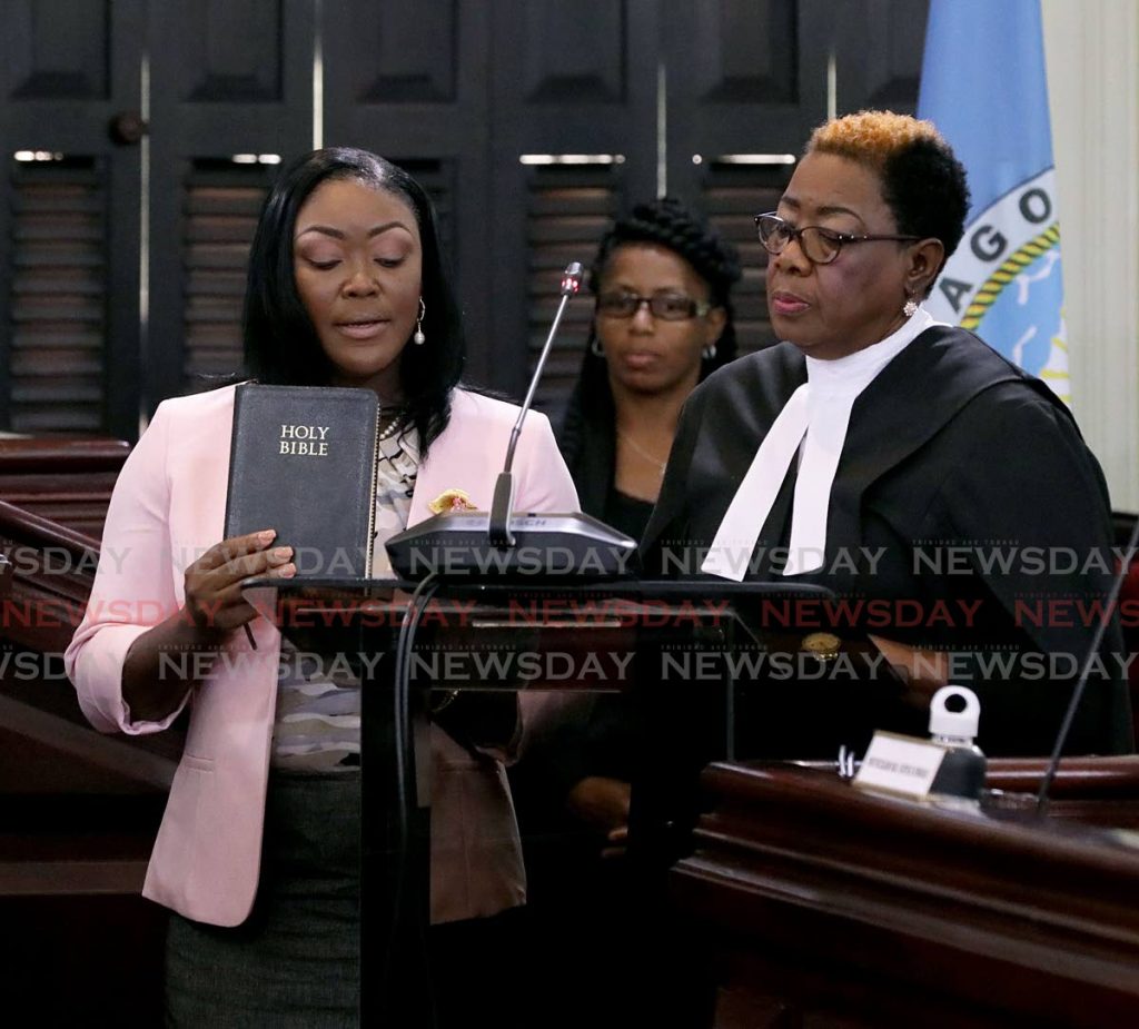 PNM Tobago Council political leader Tracy Davidson-Celestine is installed as a councillor in the Tobago House of Assembly at the Assembly Legislature in Scarborough on Wednesday. - THA