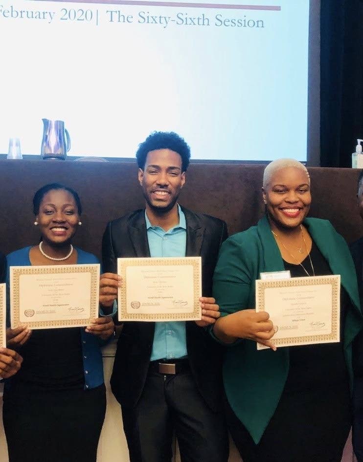  Joneille Johnson, left, Dr Ryan Abraham and Terriann Baker, delegates from The UWI St Augustine campus Institute of International Relations, celebrate after winning commendations in the 2020 Harvard National Model United Nations. - 