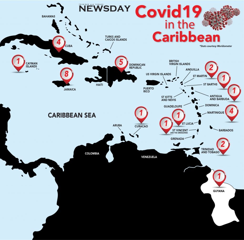Graphic showing the confirmed cases of covid19 in the Caribbean. Updated March 14 at  10.32 am. There have been two covid19-related deaths recorded in the region.