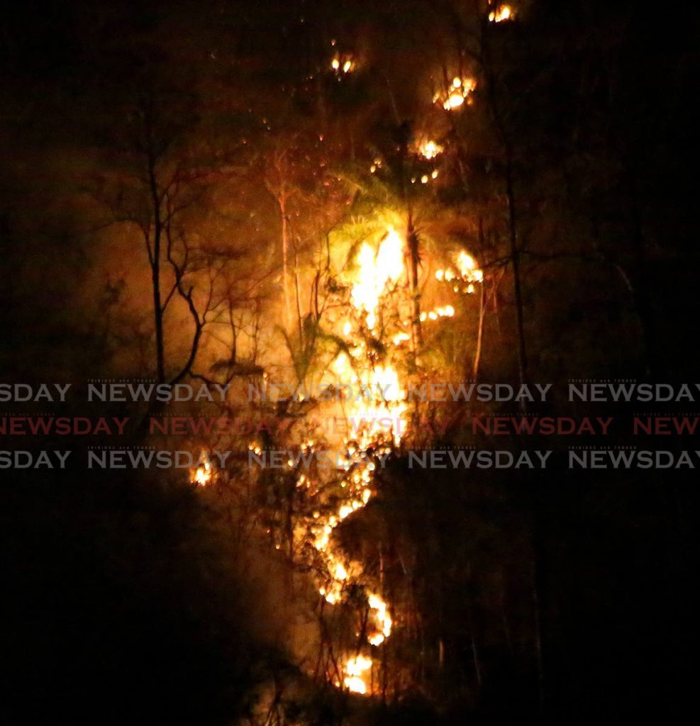 NIGHT BLAZE: A bush fire, in the Santa Cruz district, lights up the night sky on Tuesday as large swathes of the  Northern Range continue to be ravaged by these fires. PHOTO BY SUREASH CHOLAI - SUREASH CHOLAI