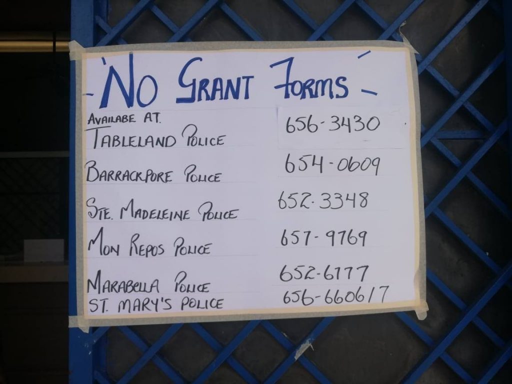 The sign outside the Princes Town Police Station - No Grant Forms - 