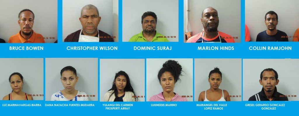 CHARGED: The five Trini men and six Venezuelan women who appeared on Wednesday before a Port of Spain magistrate charged with offences against Covid19 Regulations. The charges were laid after a raid by police at Alicia's Guest House in Cascade on Good Friday. PHOTO COURTESY TTPS - TTPS