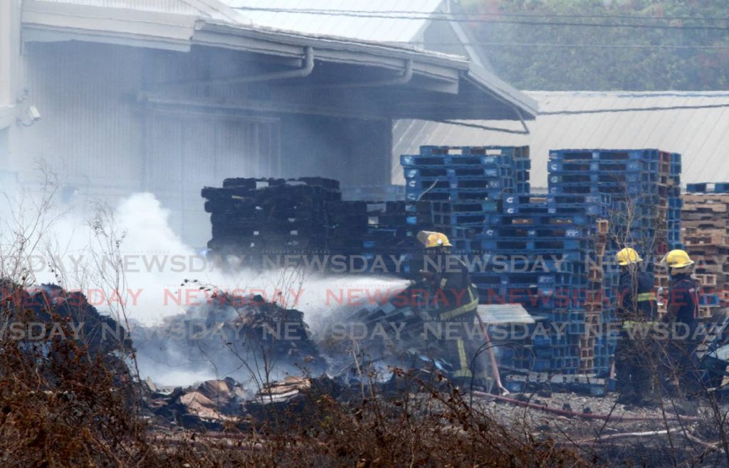 Fire officers put out a bush fire near the PriceSmart outlet at Mausica Road, Arima on Thursday. - Angelo Marcelle