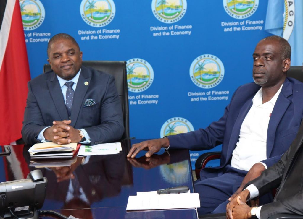 Tobago Agriculture Society president Dedan Daniel, right, in a meeting last year with Secretary of Finance and the Economy Joel Jack. PHOTO COURTESY THA - 