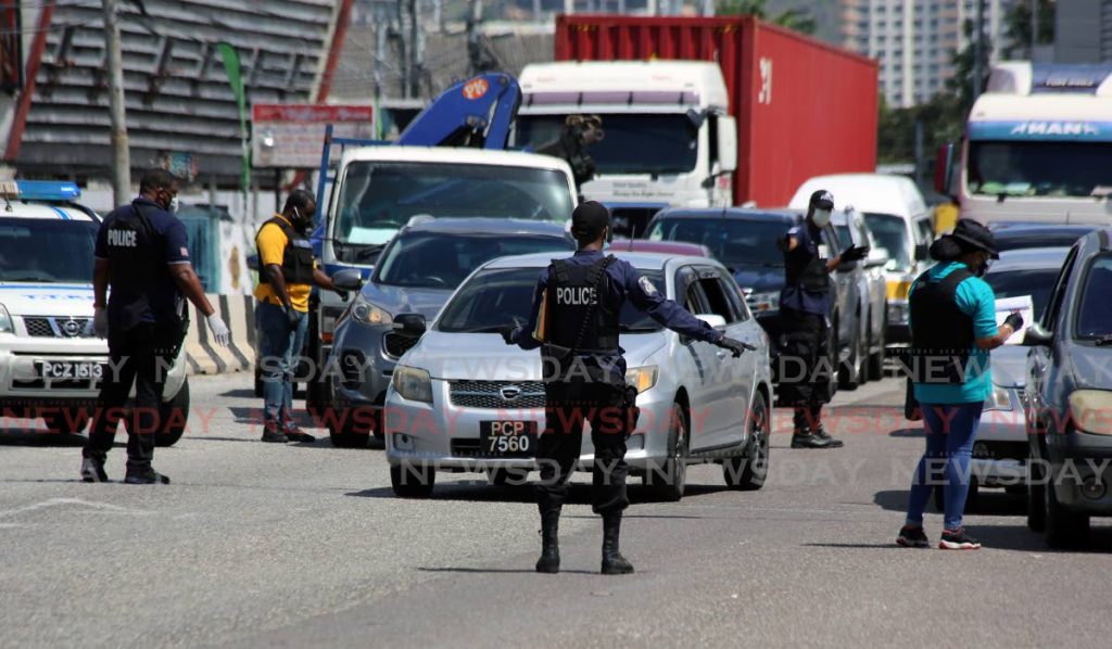 Officers conducted road traffic exercises for a second day on Wrightson Road, Port of Spain as well as across various points across the country, to crackdown on those non-essentials intent on breaking the stay at home order. - SUREASH CHOLAI