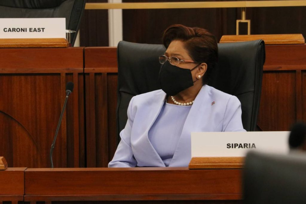 KAMLA MASKED: Opposition Leader Kamla Persad-Bissessar, like other MPs and the House Speaker, wears her face mask during sitting of the House of Representatives on Monday in the Red House. 
PHOTO COURTESY OFFICE OF THE PARLIAMENT - OFFICE OF THE PARLIAMENT