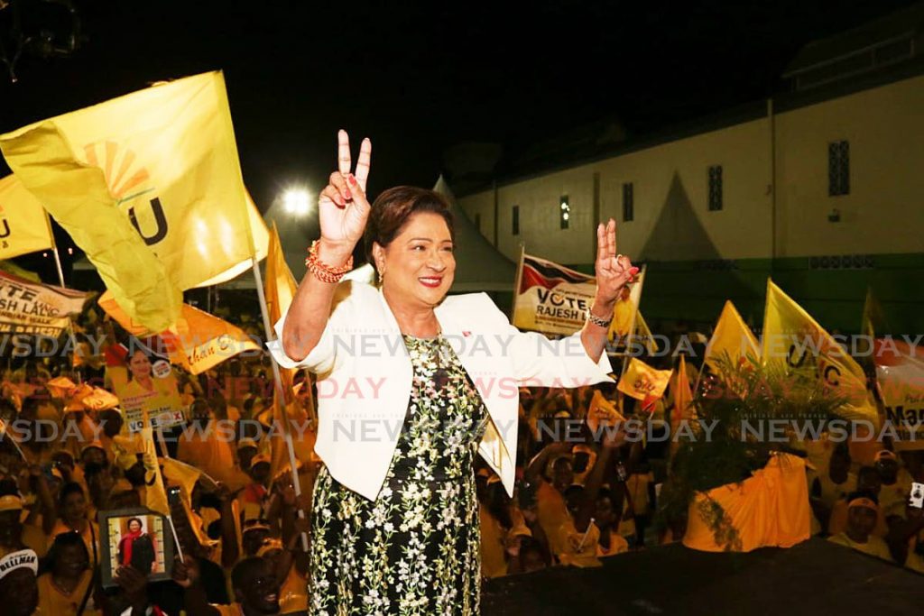 Opposition Leader Kamla Persad-Bissessar during a political meeting at Centre Pointe Mall, in Chaguanas in 2019. FILE PHOTO.
 - 