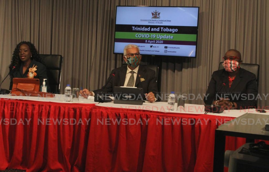 [PAGE 9] From left, Minister of Communications Donna Cox, Minister of Health Terrence Deyalsingh and Minister of Social Development and Family Services Camille Robinson-Regis during a press briefing at TTT, Maraval Road, Port of Spain on April 8. Politicians will have to consider the use of masks and physical distancing as part of the new normal for campaigning going forward. FILE PHOTO - 