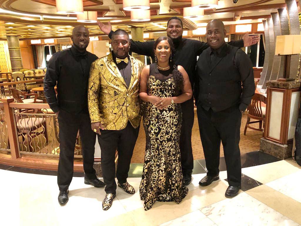 From left: Rodney Harris, Sterling Howell, Esther Dyer, Rondell Edwards and Sheldon George, all members of the TT band Xcite. The band members are stranded onboard the Caribbean Princess liner as TT borders remain closed due to covid 19. - 