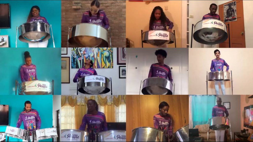 Caribbean Airlines Skiffle Steel Orchestra members from around the world doing a rendition of  the song We Can Make it if we Try. - 