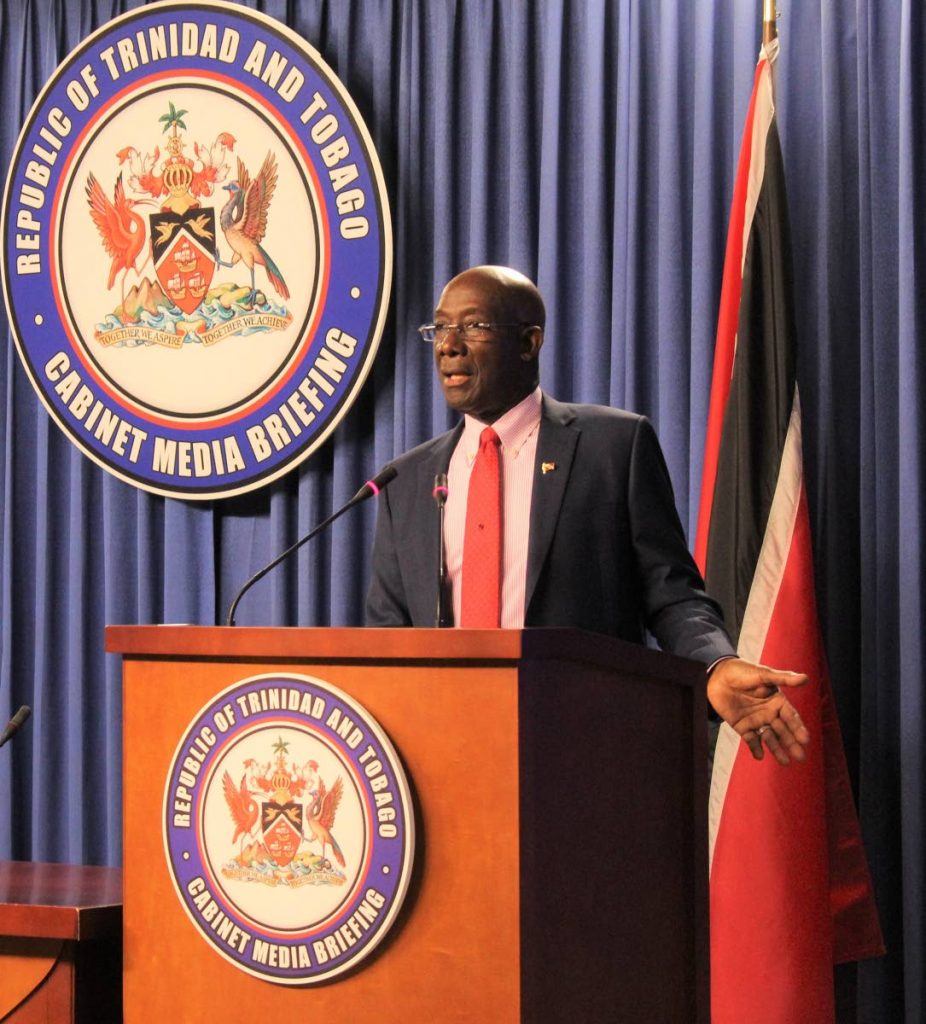 Prime Minister Dr Keith Rowley at Thursday's post-Cabinet news briefing at the Diplomatic Centre, St Ann's in Port of Spain.  PHOTO COURTESY THE OFFICE OF THE PM - 