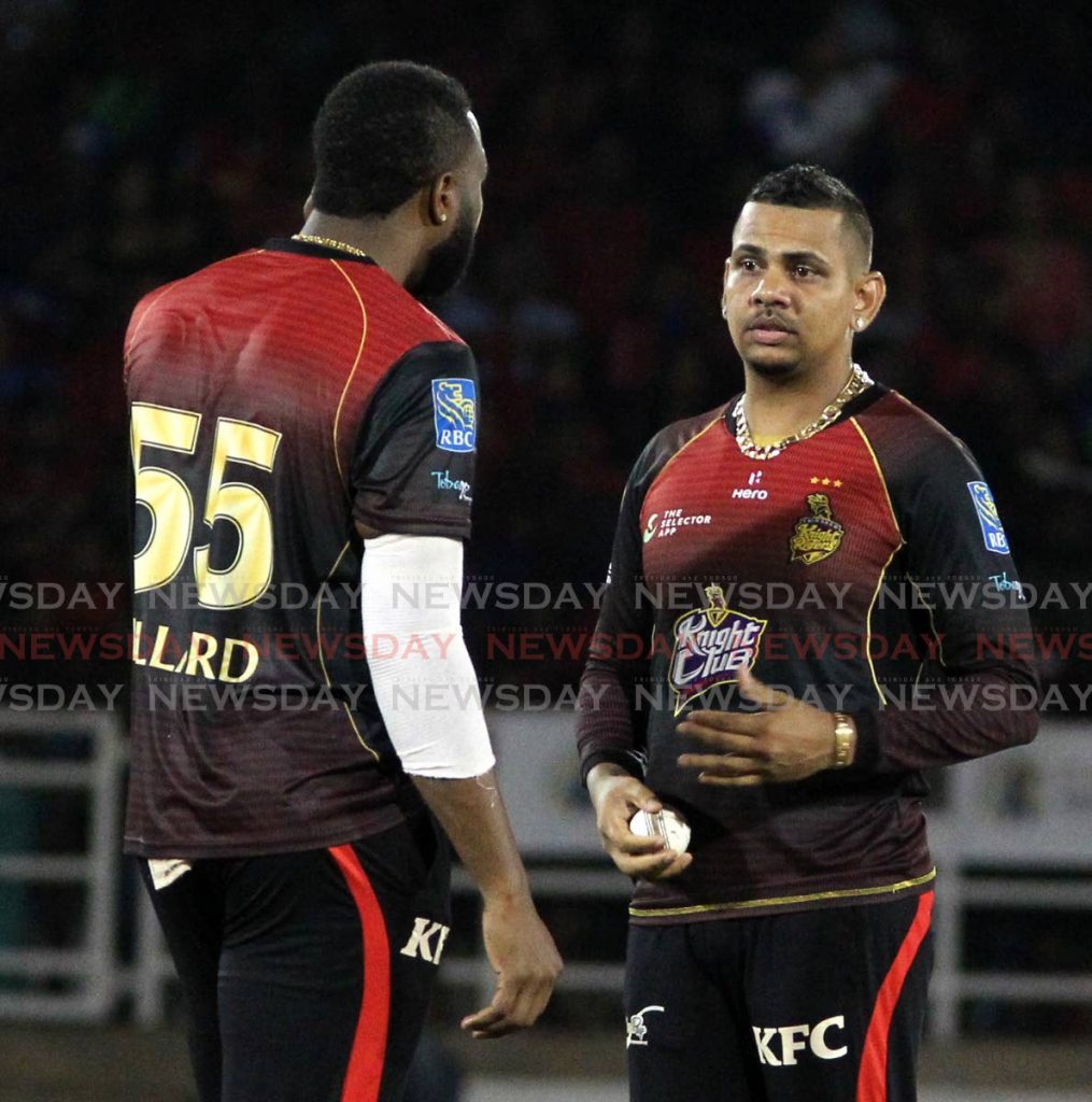 FILE PHOTO: Trinbago Knight Riders stars Kieron Pollard, left, and Sunil Narine, right, are among a number of players in the CPL who will be asked to take pay cuts this year.  - 