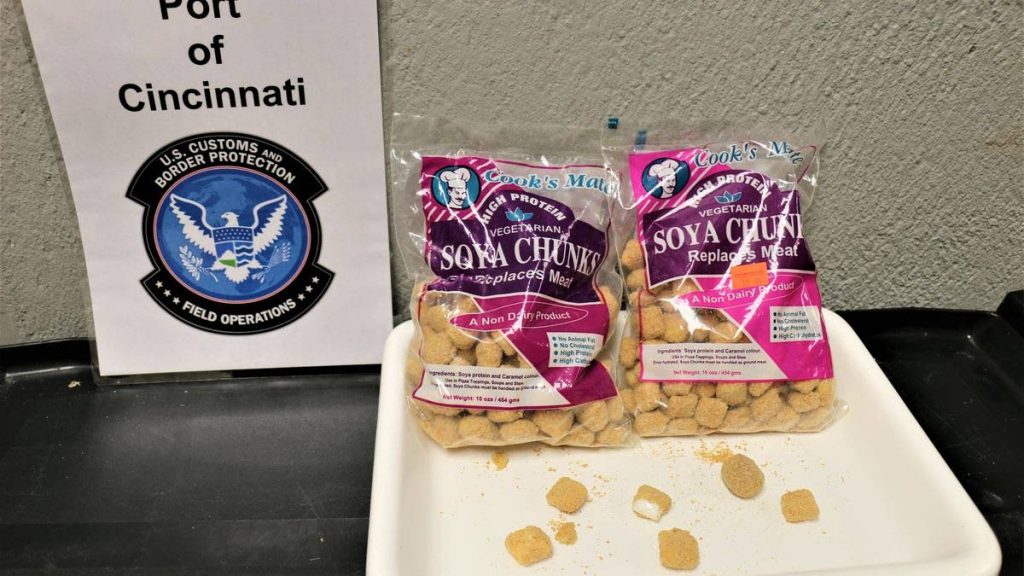 SEIZED: A photo provided by the US Customs and Border Patrol's Cincinnati field office, published in a story on the Dayton Daily News website, shows soya chunks packaged and exported from Trinidad which turned up on Monday in Cincinnati where border patrol officials found about TT$303,000 worth in cocaine within the soya chunks.  - Dayton Daily News