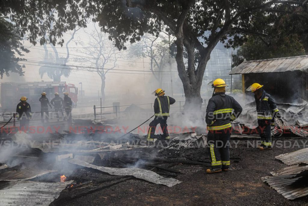 BURNT: Firemen at the scene where six Carnival booths along the Queen's Park Savannah were burnt down on Tuesday.  - JEFF K MAYERS
