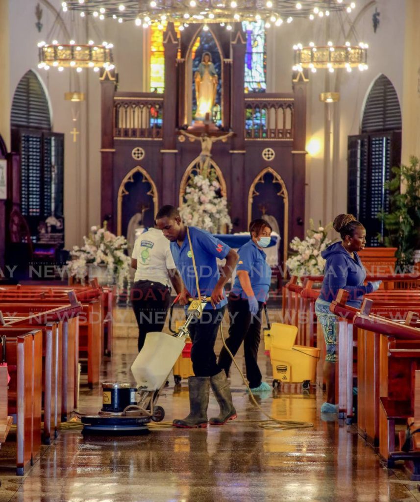 As places of worship are now allowed to be open, workers were busy cleaning and sanitizing the Cathedral of Immaculate Conception,  Independence Square, Port of Spain, in preparations for the celebration of the Solemnity of Corpus Christi holy mass - SUREASH CHOLAI