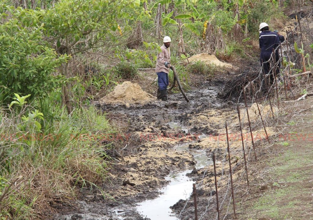 Workers continue cleanup operations at the site of an oil spill near the South Oropouche river in Digity Trace, Wilson Road, Barrackpore on Wednesday. PHOTO BY VASHTI SINGH - 