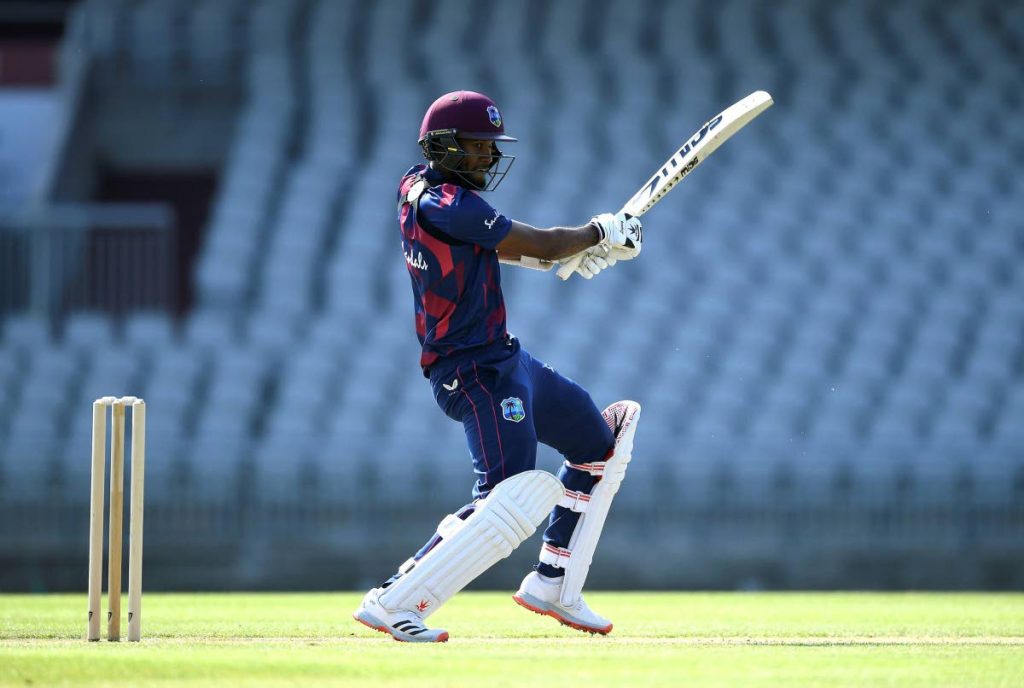 Kraigg Brathwaite of the West Indies bats during day two of a West Indies warm-up match at Old Trafford in Manchester, England, on Wednesday. (via AP) - 