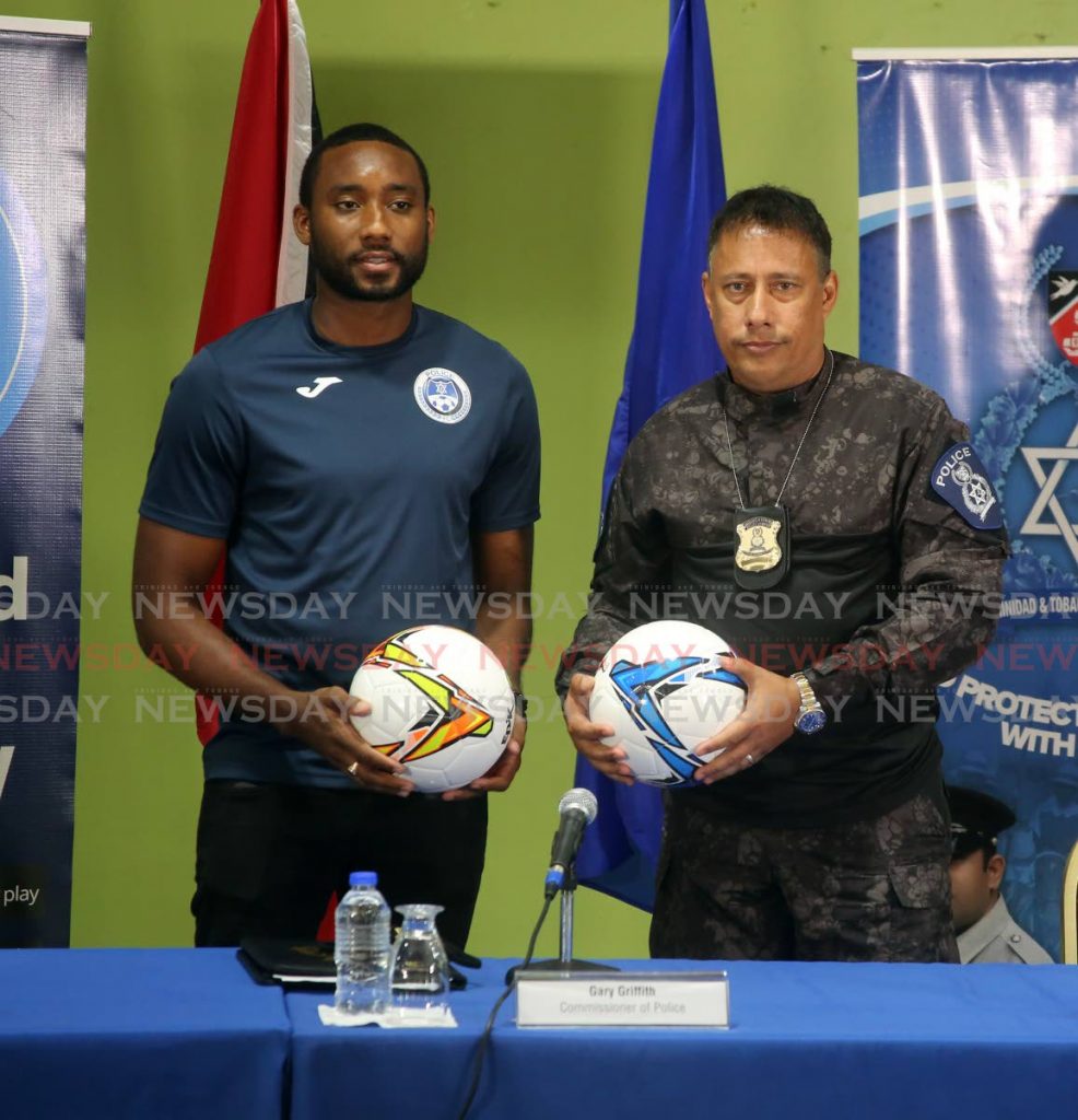 Police Commissioner Gary Griffith ( right) with Adrian Foncette, the Police football team captain and National senior team goalkeeper has launched the  Commissioner's Cup Football Tournament 2020 at the T&T Police Service Administration Building ,Port of Spain - File Photo - SUREASH CHOLAI