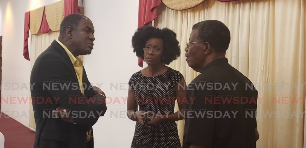 COALITION TALKS: Political leaders of the TOP, Tobago Forwards and Platform of Truth (from left) Ashworth Jack, Christlyn Moore and Hochoy Charles chat at Rovanel's Conference Centre last year.  - 