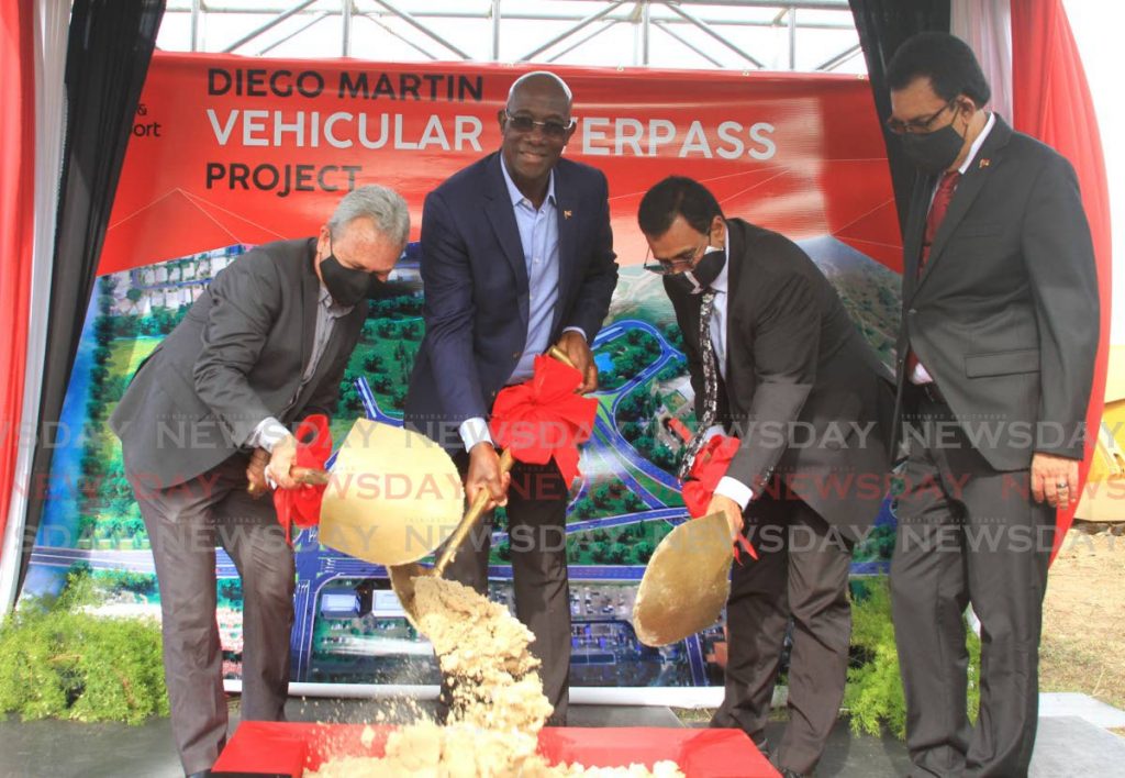 From left, Minister of Finance Colm Imbert, Prime Minister Dr Keith Rowley, Minister of Works and Transport Rohan Sinanan and Minister of Rural Development and Local Government Kazim Hosein at a sod-turning ceremony for the Diego Martin Vehicular Overpass project on Thursday. - Ayanna Kinsale