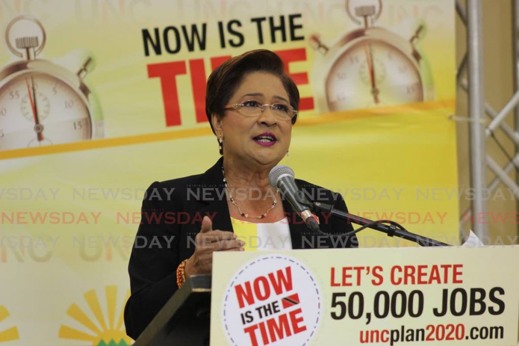 Kamla Persad-Bissessar at a UNC virtual campaign meeting on Thursday night. - Kevan Gibbs