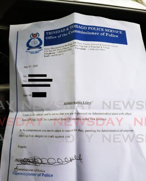 SENT ON LEAVE: The notice from Police Commissioner Gary Griffith to one of seven police officers sent on administrative leave as part of investigations into the shooting death, by police, of three men in Morvant several weeks ago.  - 