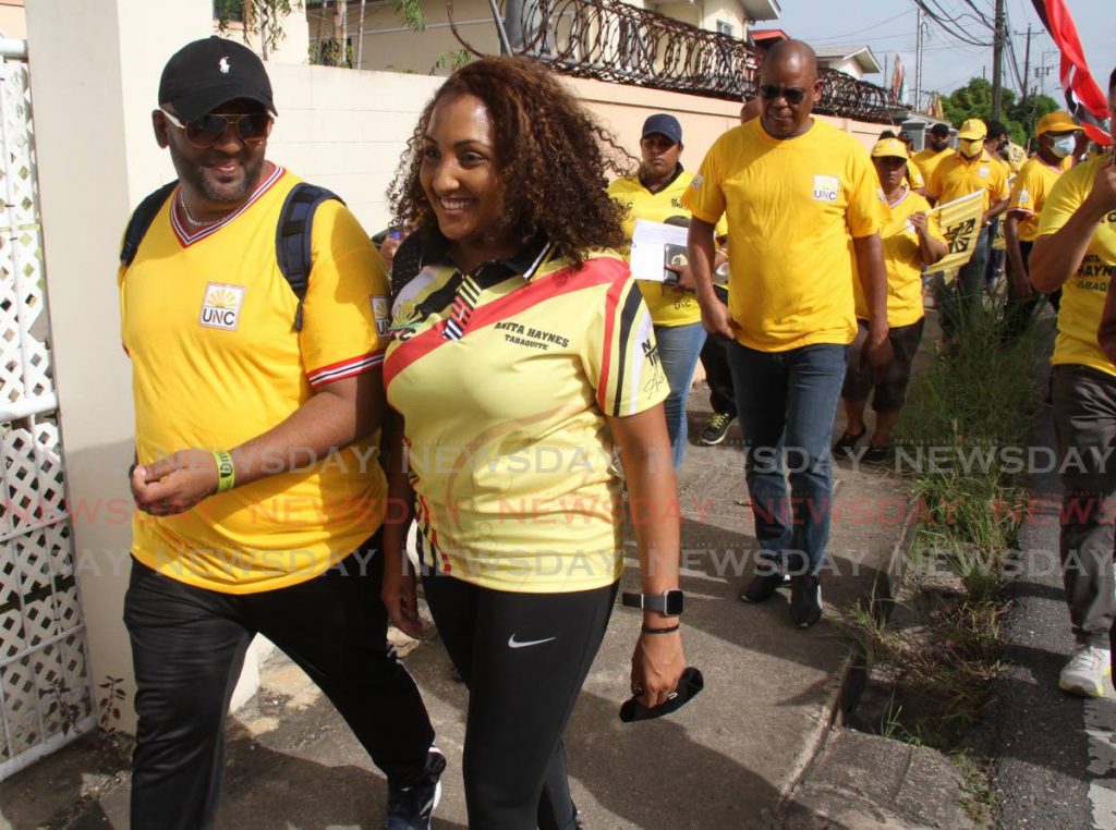 UNC general election candidate for Tabaquite Anita Haynes looks confident as a walkabout in the constituency on Wednesday reached Charles Street in Gasparillo. - Vashti Singh