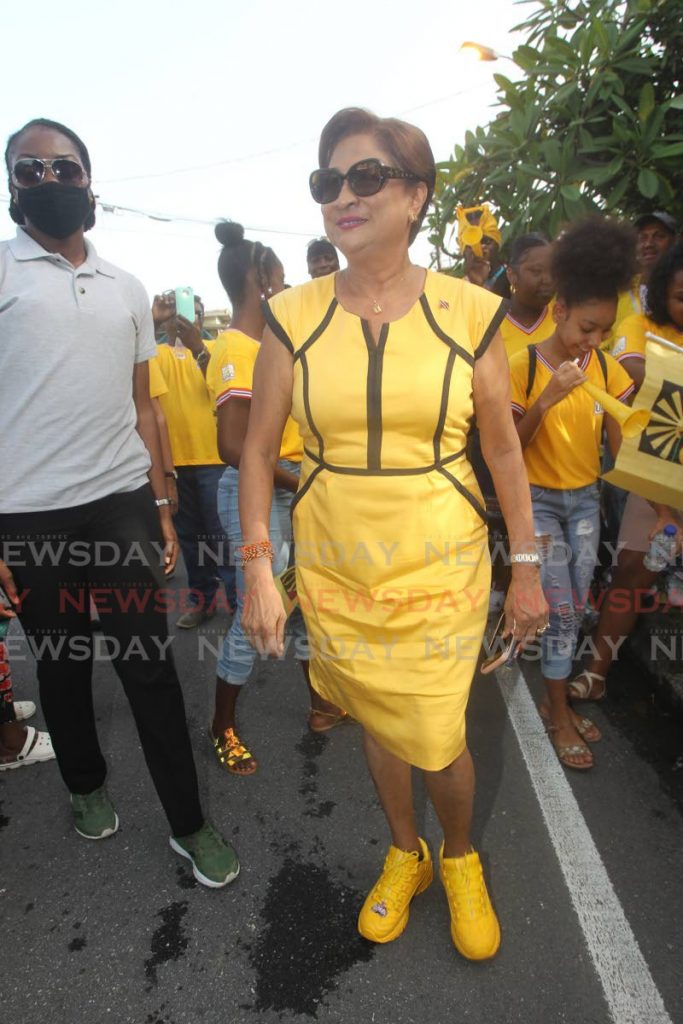 File photo of UNC political leader Kamla Persad Bissessar at the opening of the UNC’s campaign office in St Mary’s, Moruga last week. PHOTO BY LINCOLN HOLDER - 